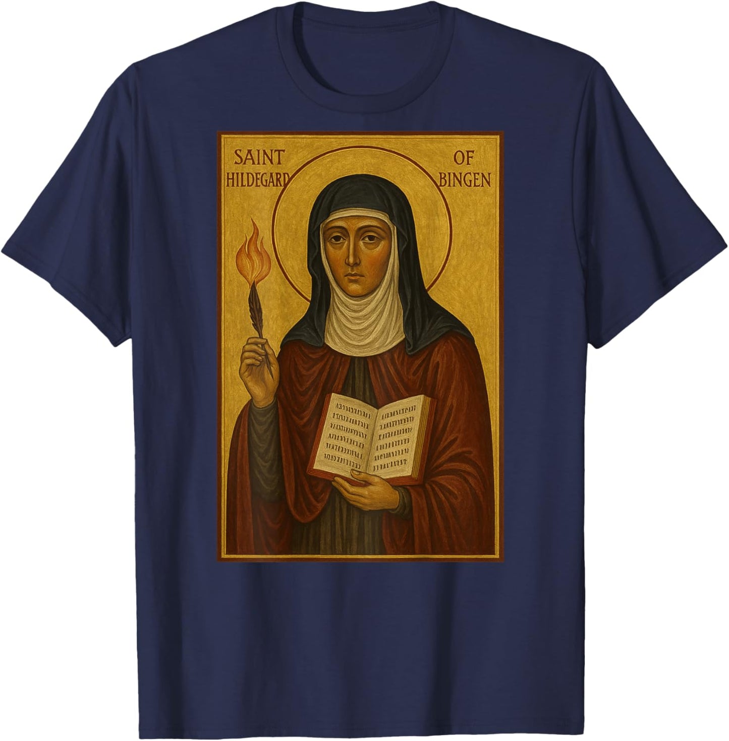 Christian Catholic Icon of Saint Hildegard of Bingen T-Shirt - T-Shirt | Navy