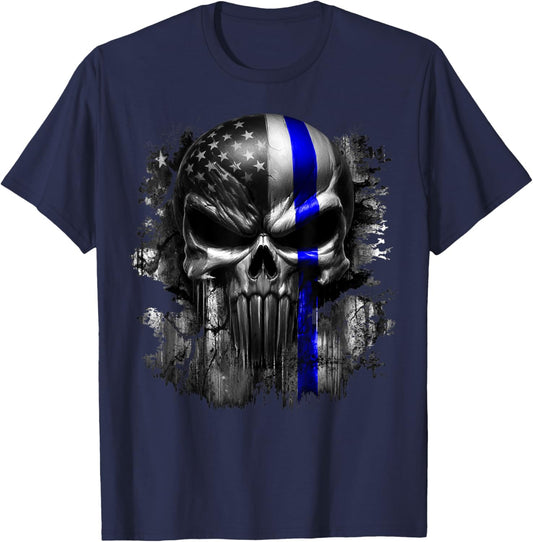 USA American Skull Patriotic Flag Blue Line Grunge Graphic Women Men T-Shirt - T-Shirt | Navy