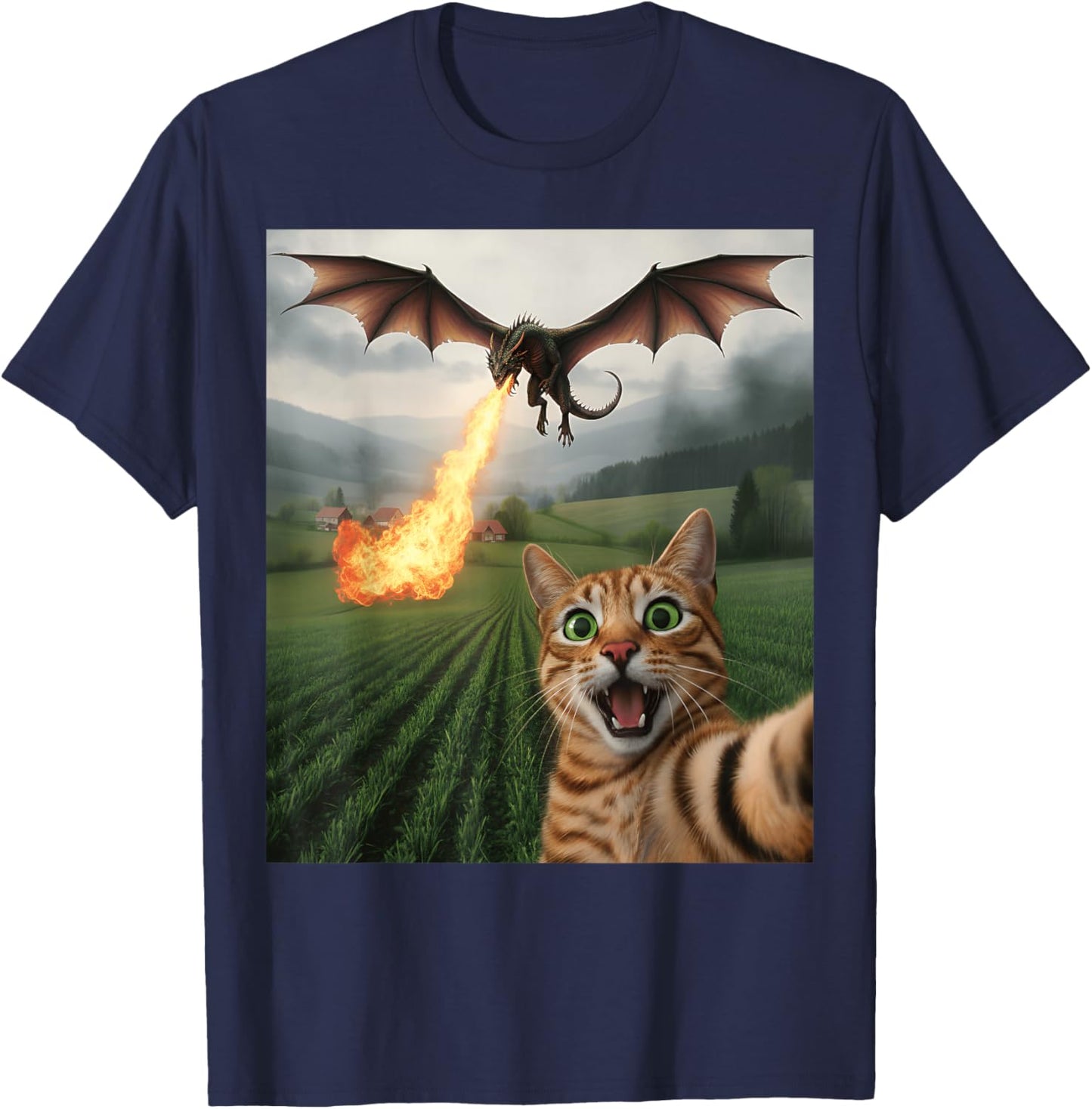 Funny Cat Selfie with Dragon Kawaii Fantasy Creature Art T-Shirt - T-Shirt | Navy