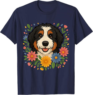 Floral Bernedoodle Colorful Spring Flowers Wildflowers T-Shirt - T-Shirt | Navy