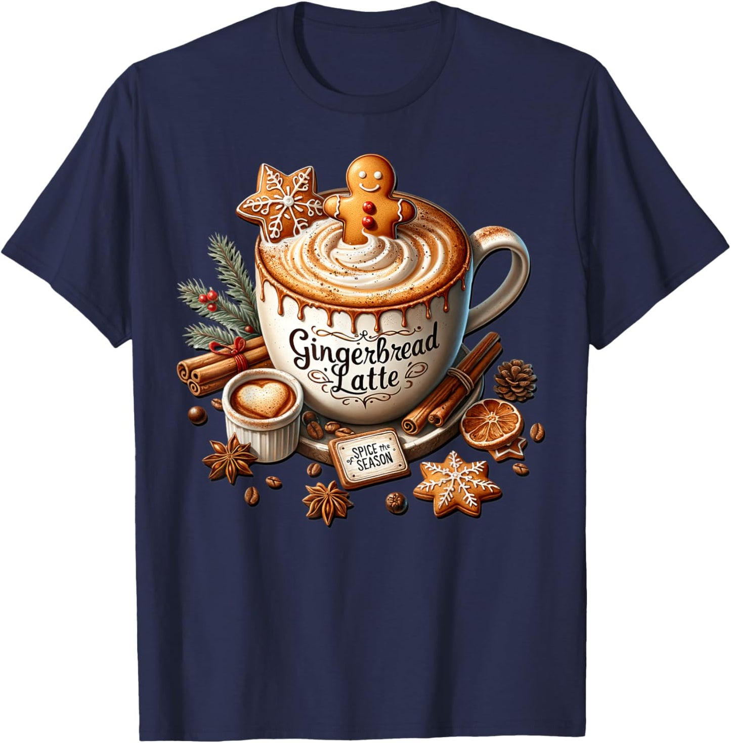 Gingerbread Latte Graphic Christmas Coffee Mug T-Shirt - T-Shirt | Navy