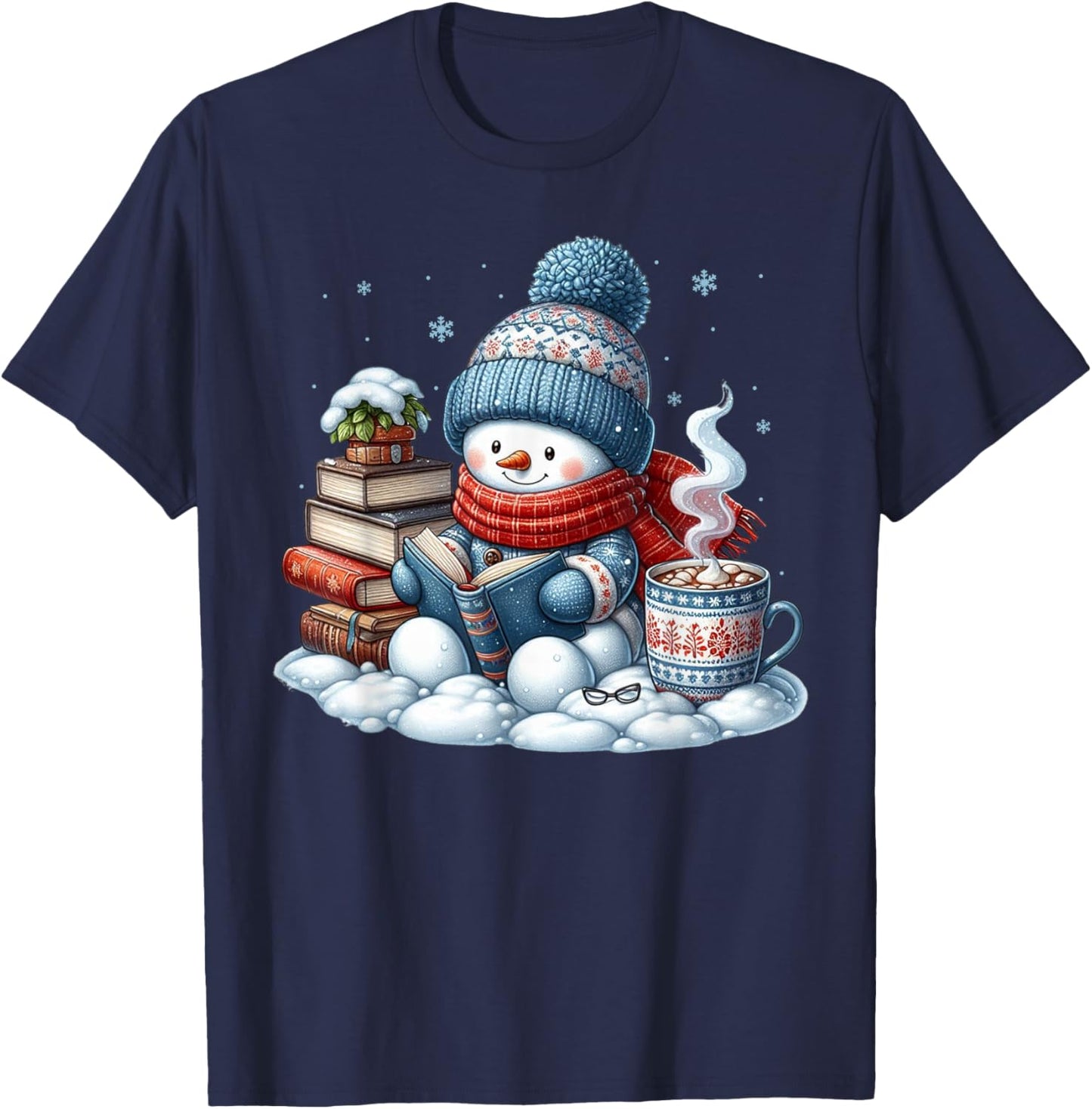Snowman Reading Books Lovers Librarian Bookworm Christmas T-Shirt - T-Shirt | Navy