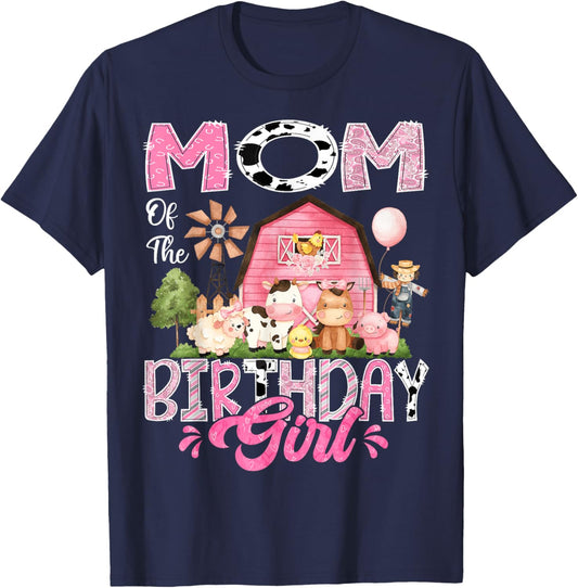 Mom Of The Birthday Girl Pink Farm Cow First Birthday T-Shirt - T-Shirt | Navy