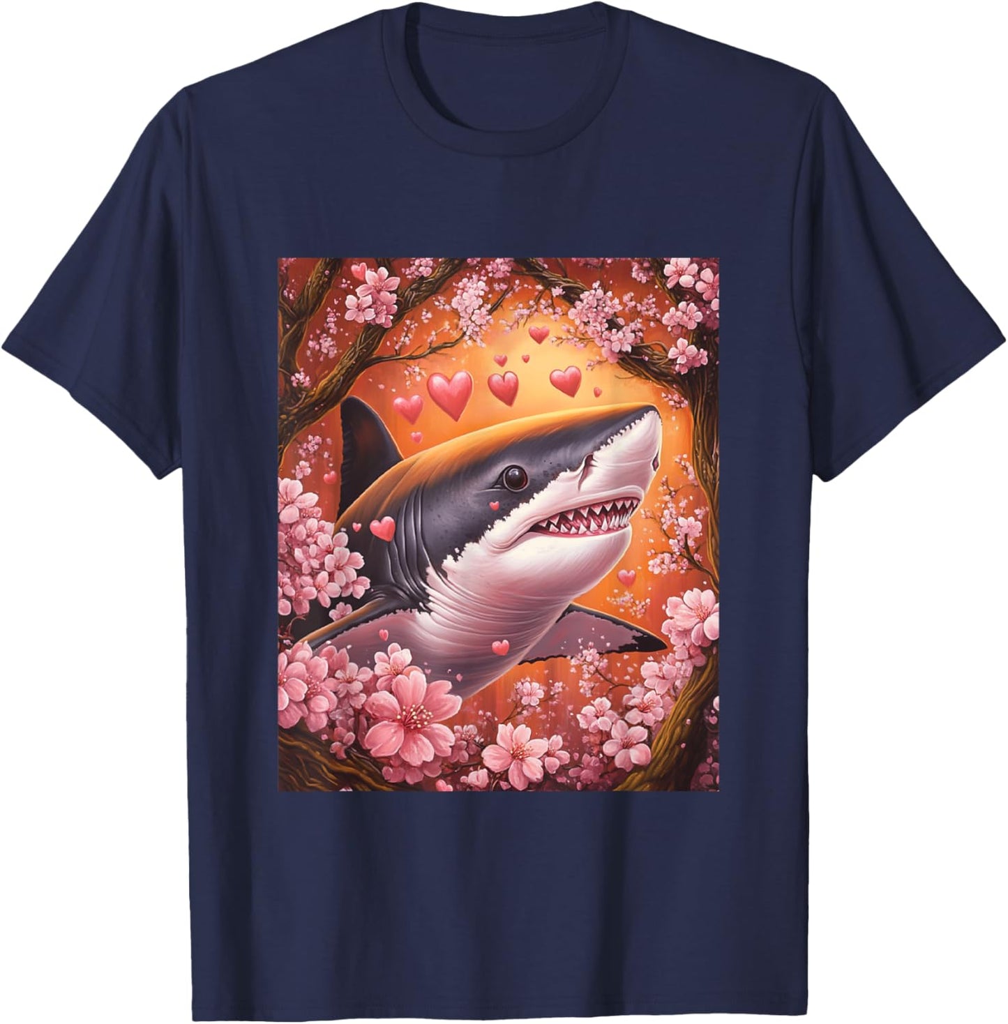 Shark Japanese Cherry Blossom Graphic for Valentines Day T-Shirt - T-Shirt | Navy
