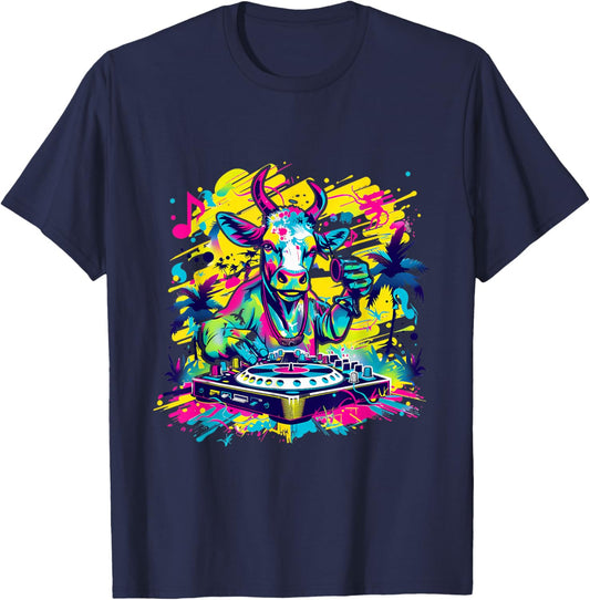 Cow DJ Tropical Colourful Turntable DJ Cow EDM Cow Lover T-Shirt - T-Shirt | Navy