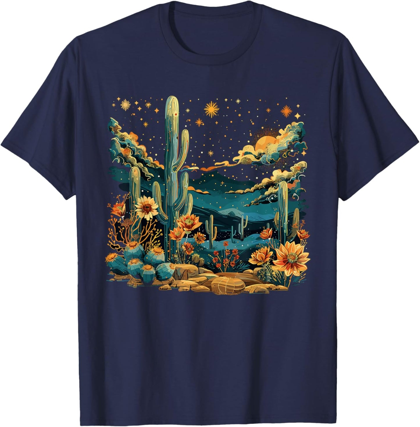 Saguaro Cactus Desert Art Moon Nature T-Shirt - T-Shirt | Navy