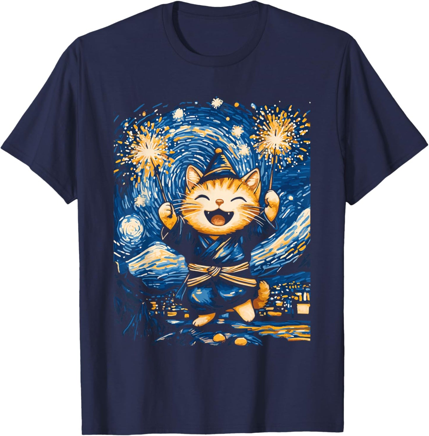 New Year Cat Starry Night Art for Cat Lovers T-Shirt - T-Shirt | Navy