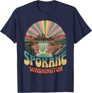 Vintage Spokane Washington Sunset Skyline Cityscape Retro T-Shirt - T-Shirt | Navy