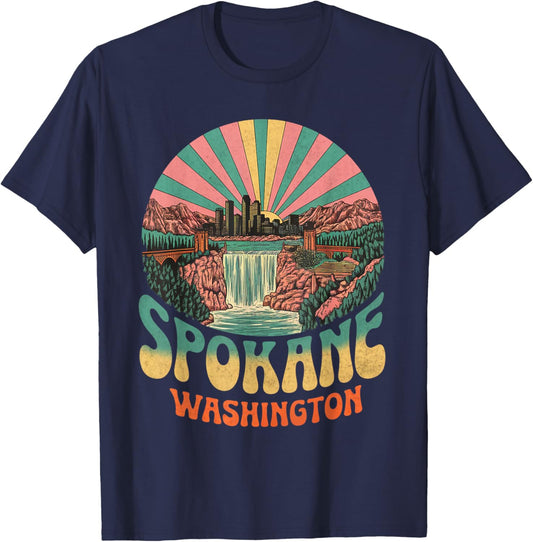 Vintage Spokane Washington Sunset Skyline Cityscape Retro T-Shirt - T-Shirt | Navy