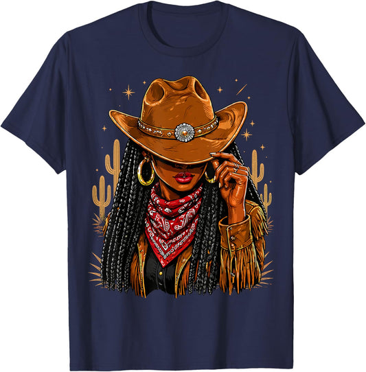 Cowgirl Afro Western Country Rodeo Melanin T-Shirt - T-Shirt | Navy