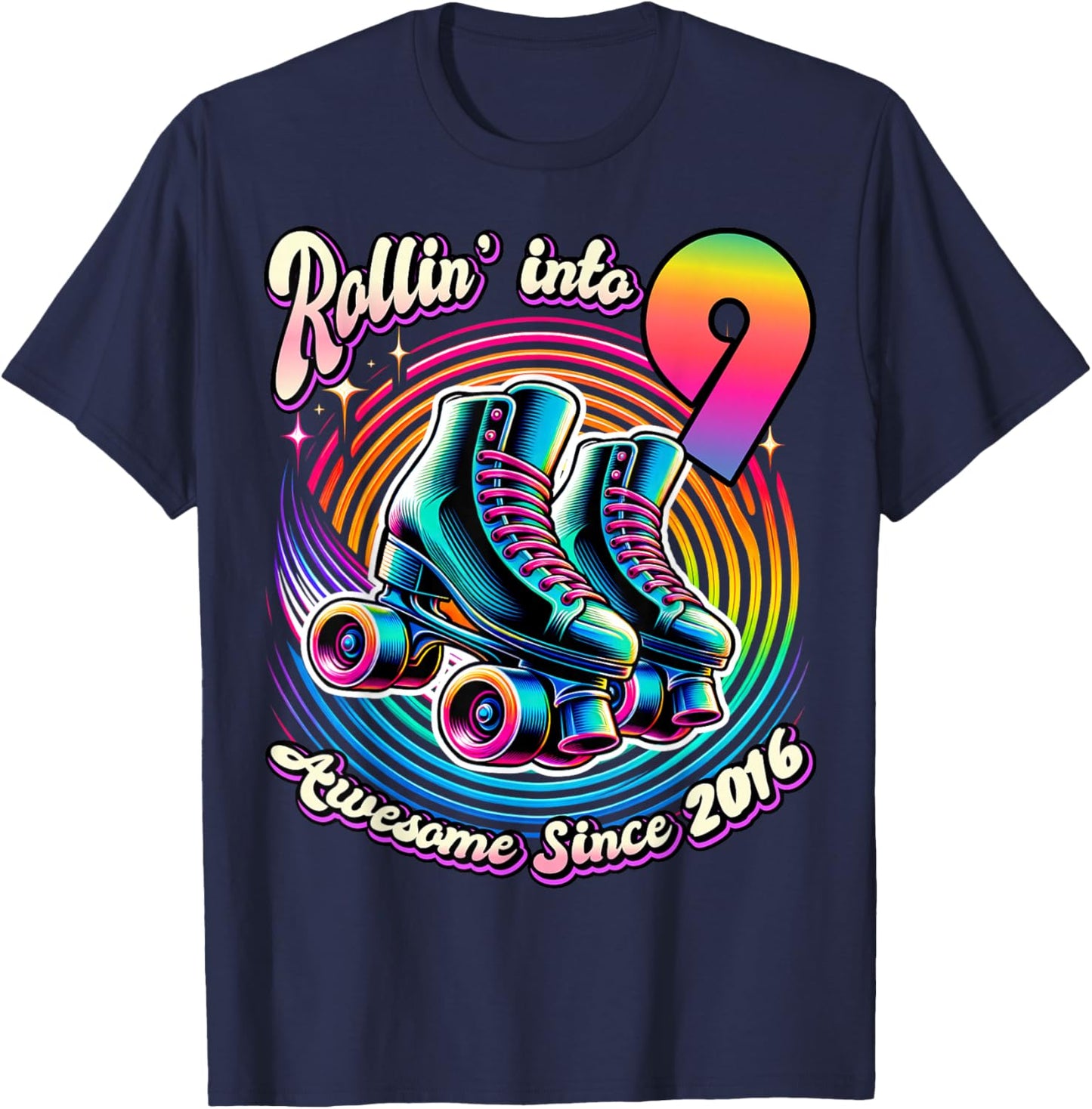 Birthday Roller Skating 9th Girls Rollin into 9 Skate Party T-Shirt - T-Shirt | Navy