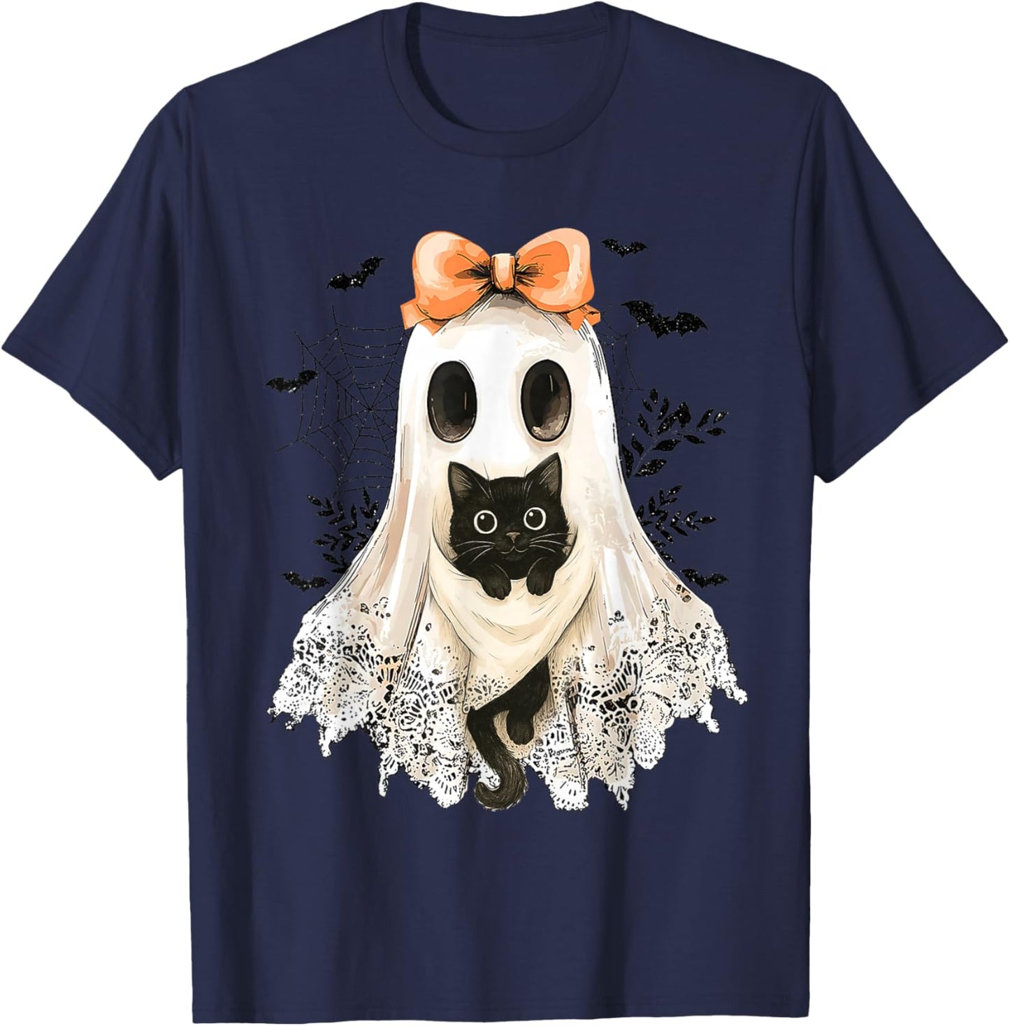Retro Lace Ghost Coquette Black Cat Spooky Halloween Women T-Shirt - T-Shirt | Navy