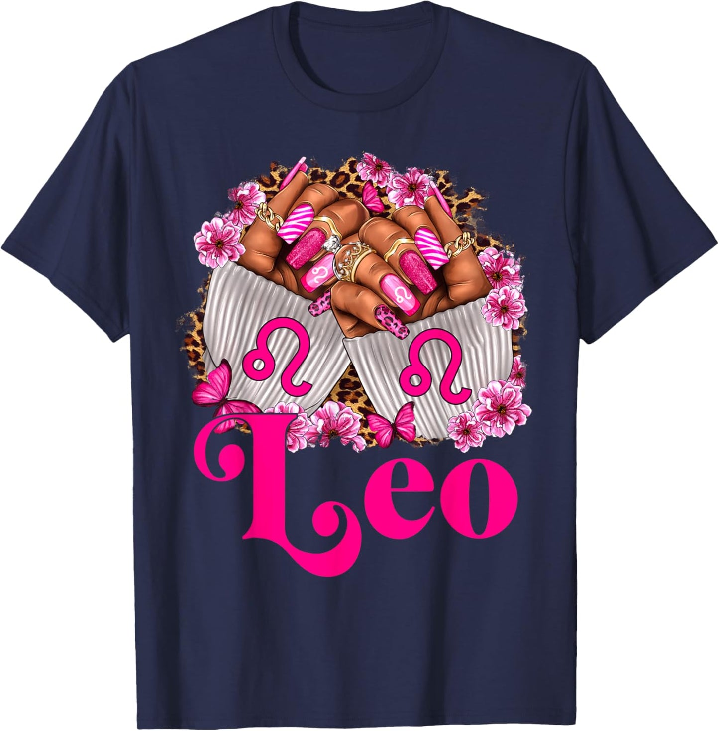 Black Women Floral Nails With Leopard Leo Queen T-Shirt - T-Shirt | Navy