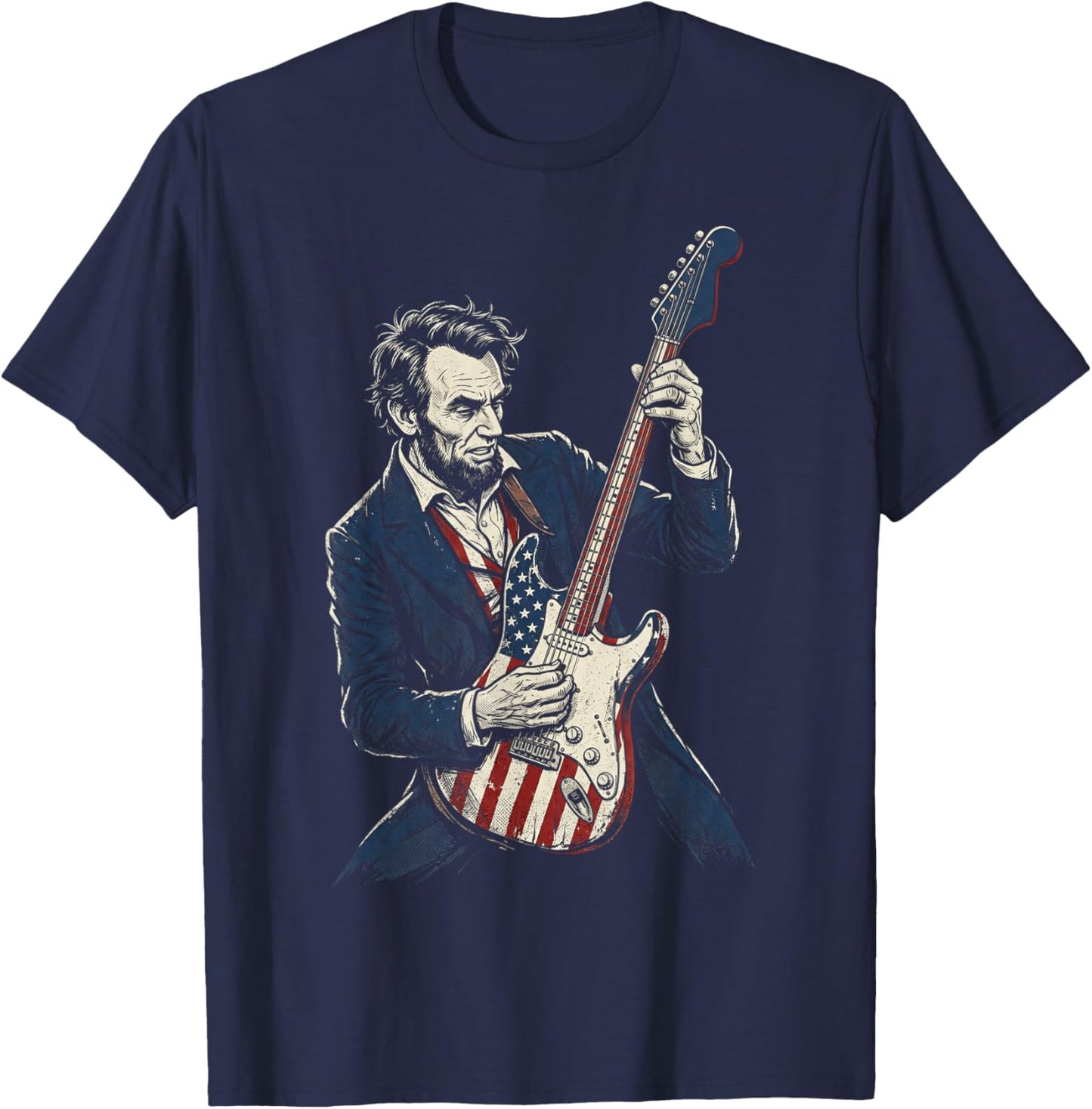 Abraham Lincoln Abe Lincoln Playing American Flag Guitar T-Shirt - T-Shirt | Navy