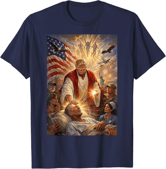 Trump as Jesus Graphic Trump Patriotic US Flag Eagle T-Shirt - T-Shirt | Navy
