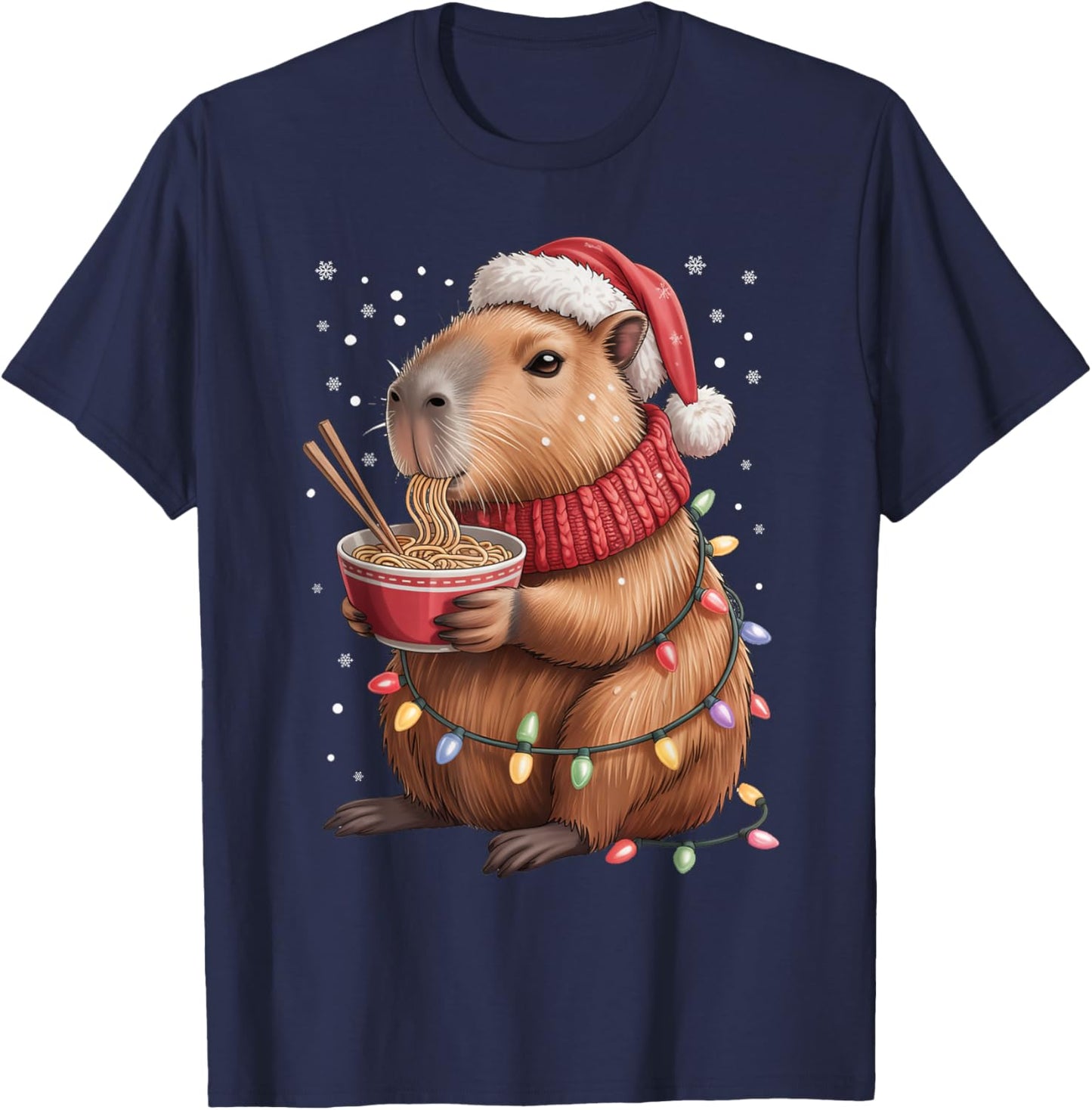 Cute Christmas Capybara with Ramen Bowl Holiday T-Shirt - T-Shirt | Navy