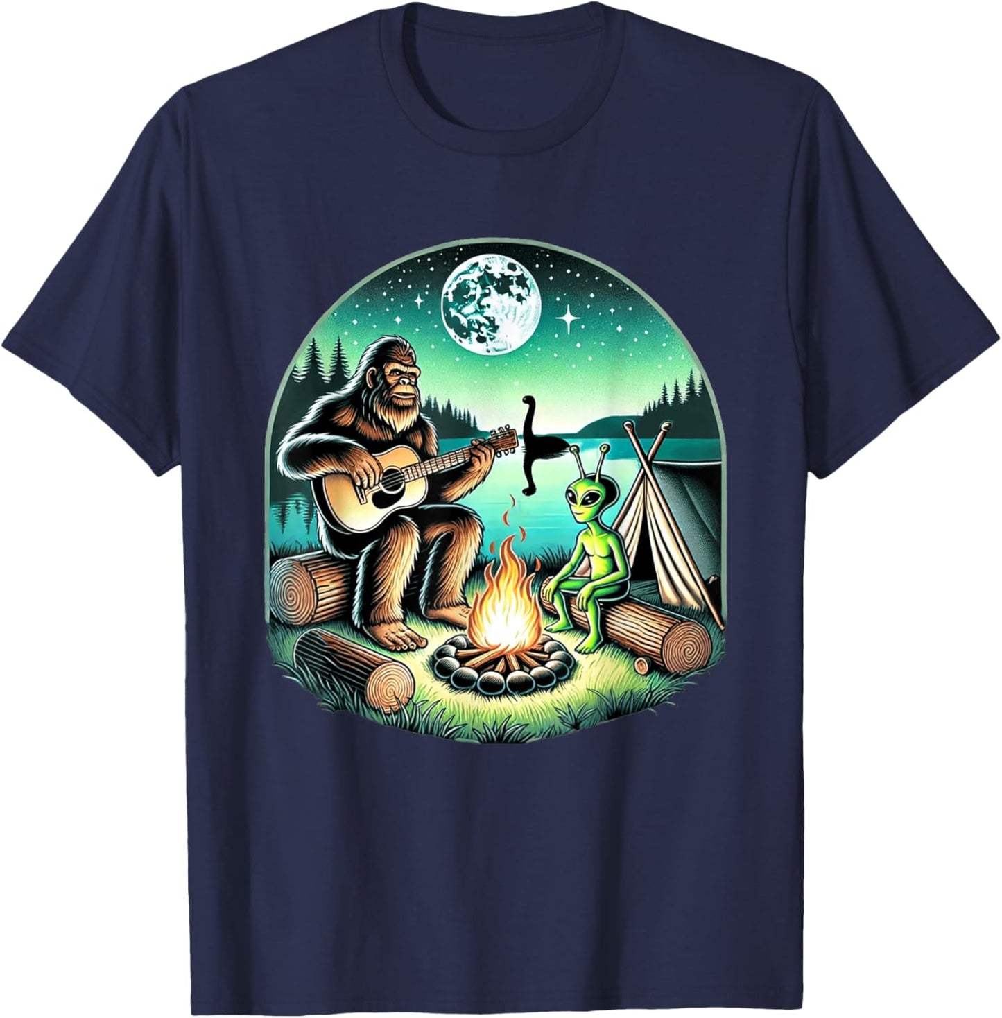 Alien and Bigfoot Loch Ness Campfire Sasquatch T-Shirt - T-Shirt | Navy