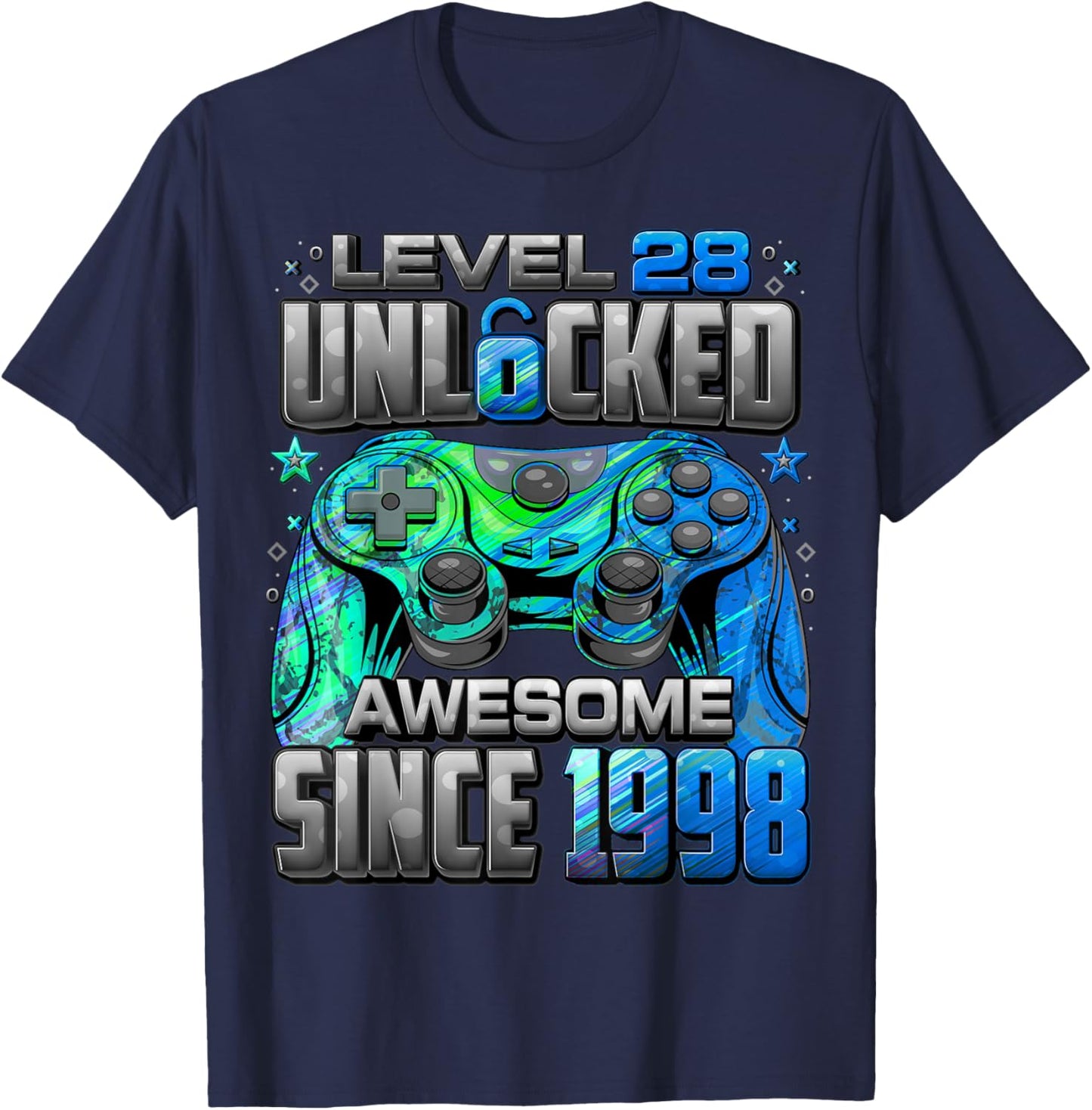 Level 28 Unlocked Awesome Since 1998 28th Birthday Gaming T-Shirt - T-Shirt | Navy
