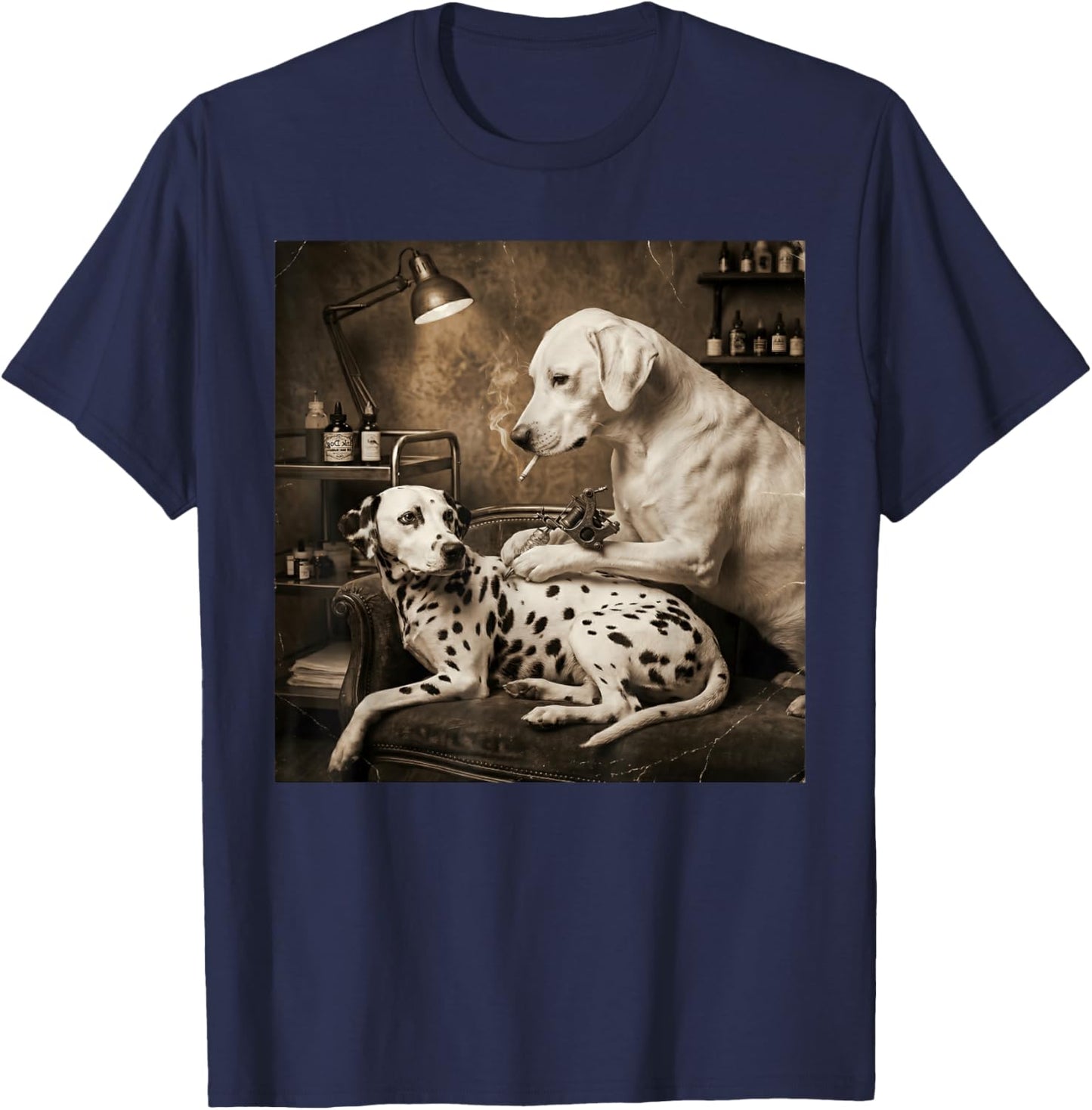Retro Dalmatian Dog Smoking Tattoo Artist Funny Meme Graphic T-Shirt - T-Shirt | Navy