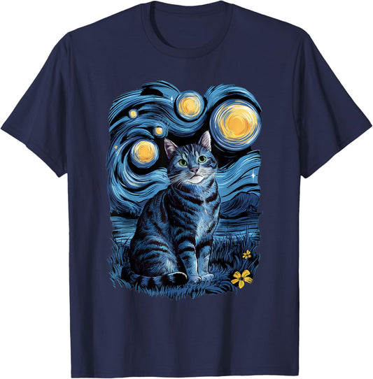 Van Gogh Cat Gifts Tabby Cat Owners Cat Lady Black Men Cat T-Shirt - T-Shirt | Navy
