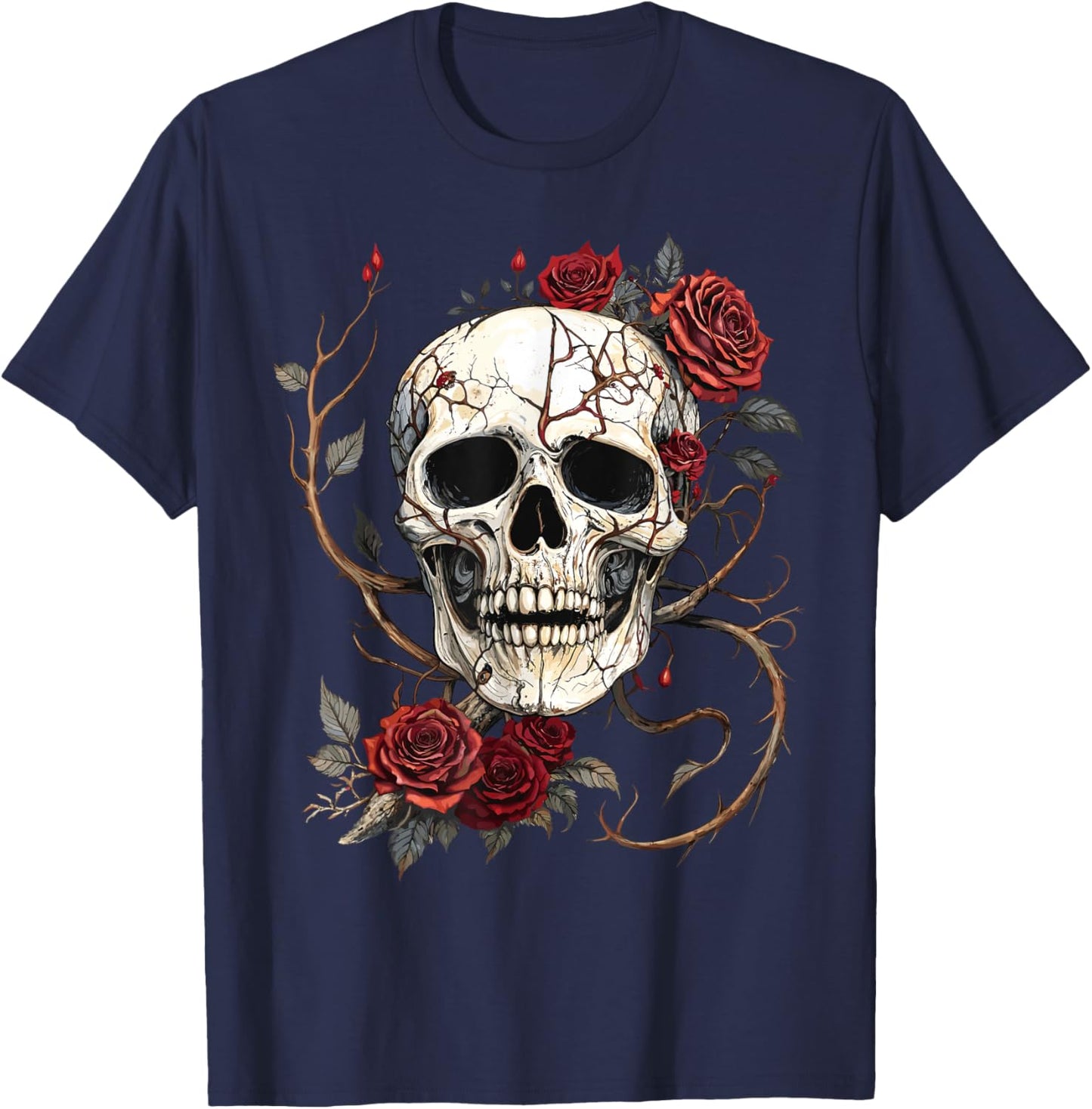 Tête de Mort Roses Rouges Baroque Gothique Vintage Tattoo T-Shirt - T-Shirt | Navy