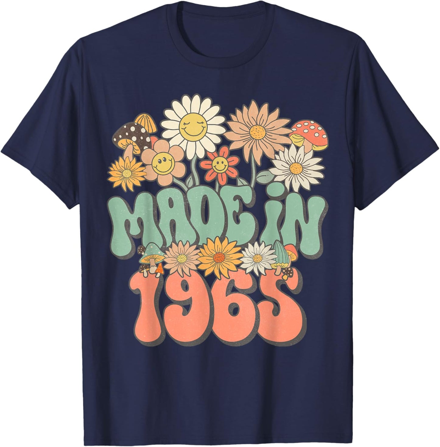 Retro Groovy Made In 1965 Floral Hippie Daisy 60th Birthday T-Shirt - T-Shirt | Navy