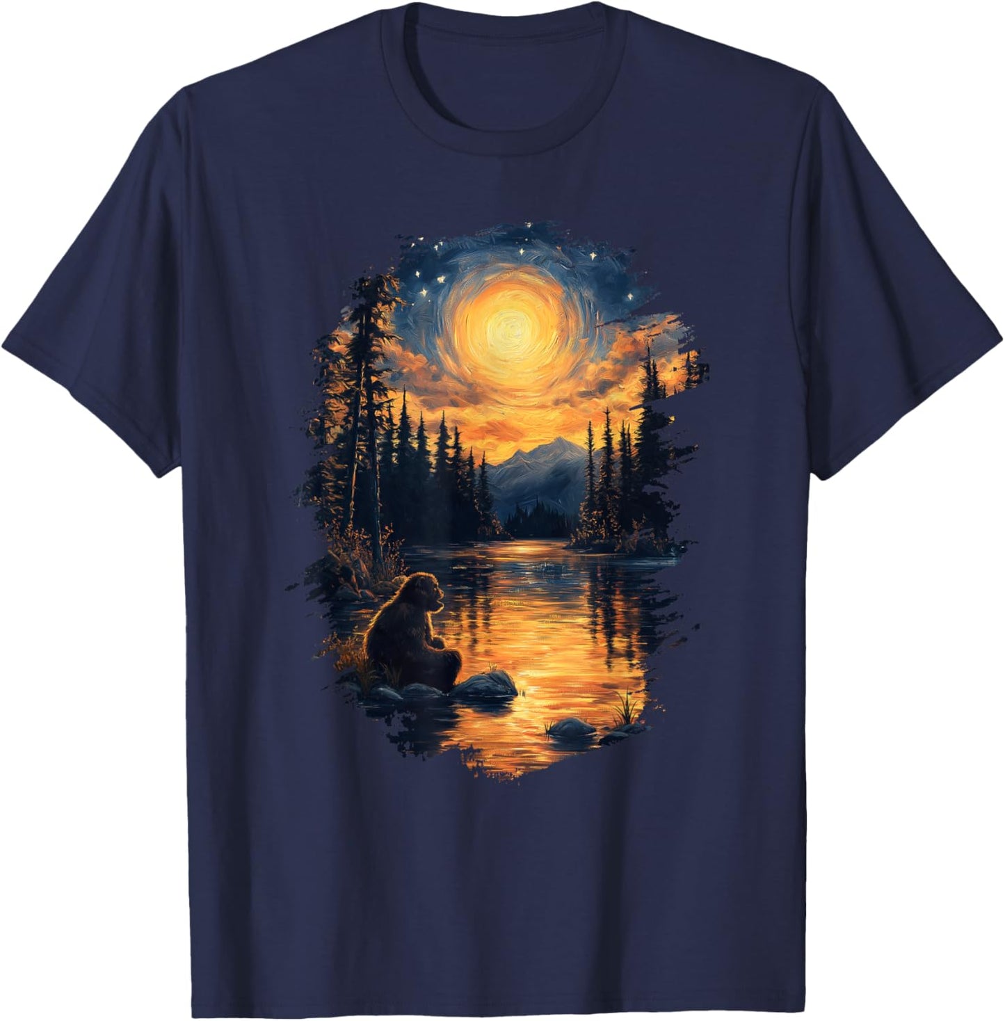 Bigfoot Starry Night Forest Sasquatch Van Gogh Art T-Shirt - T-Shirt | Navy