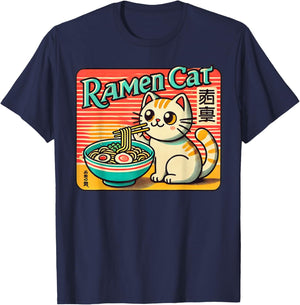 Retro Japanese Art Wildlife Noodle Lover Cute Ramen Cat T-Shirt - T-Shirt | Navy