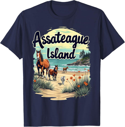 Scenic Wild Horses on Assateague Island Maryland T-Shirt - T-Shirt | Navy