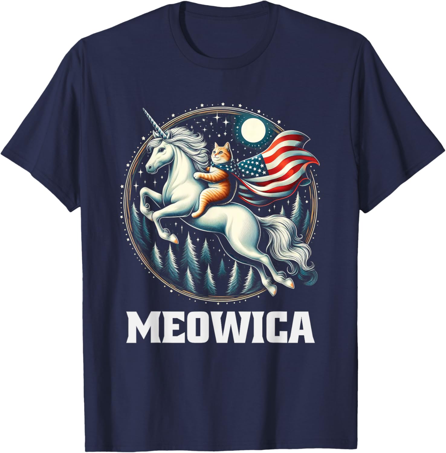 Meowica Cat Riding Unicorn USA Flag 4th Of July Patriotic T-Shirt - T-Shirt | Navy