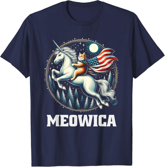 Meowica Cat Riding Unicorn USA Flag 4th Of July Patriotic T-Shirt - T-Shirt | Navy