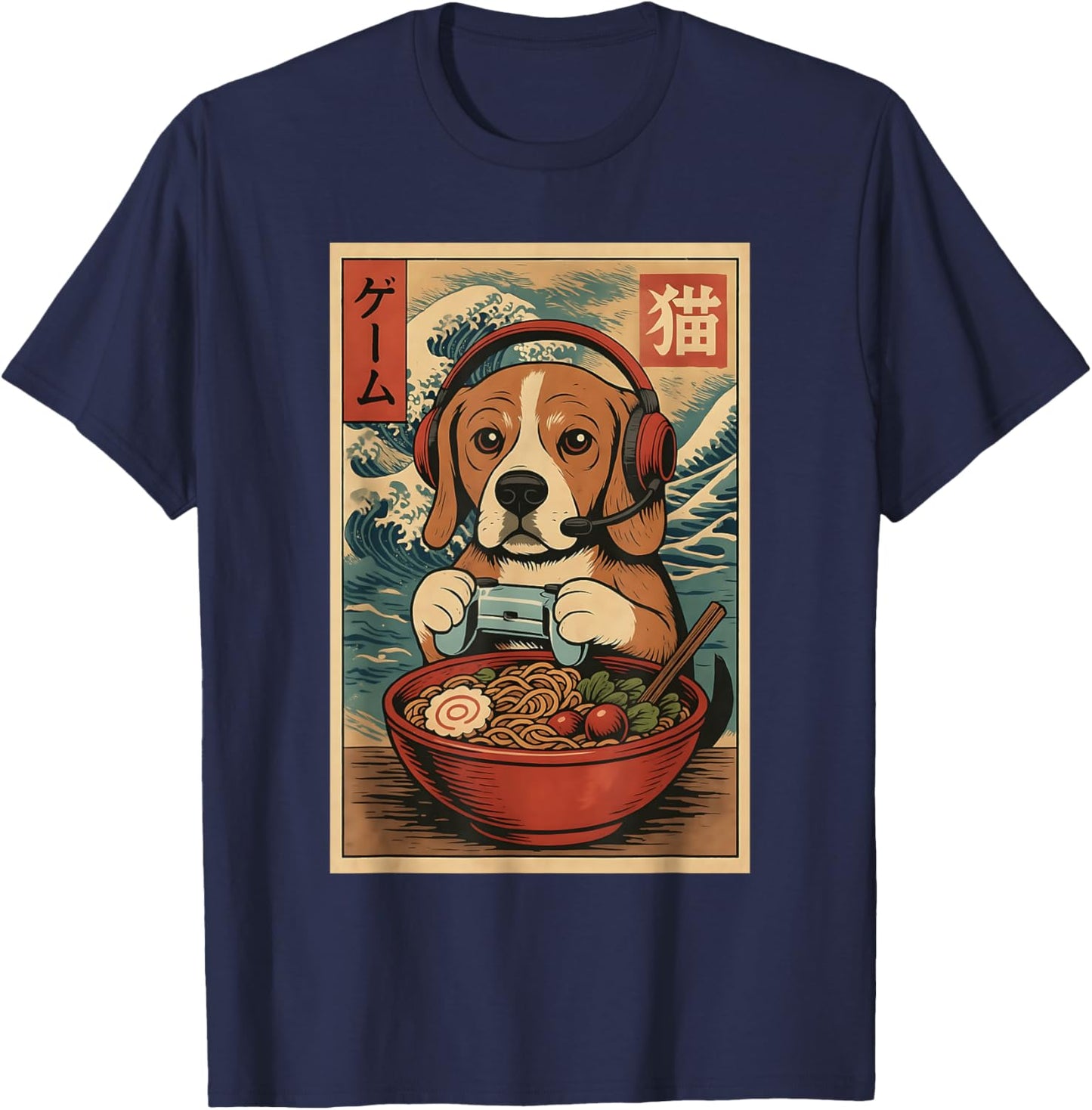 Cute Kawaii Gamer Dog Funny Ramen Retro Game Japanese T-Shirt - T-Shirt | Navy