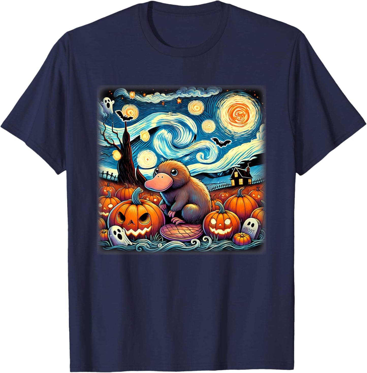 Starry Night Platypus Halloween T-Shirt - T-Shirt | Navy