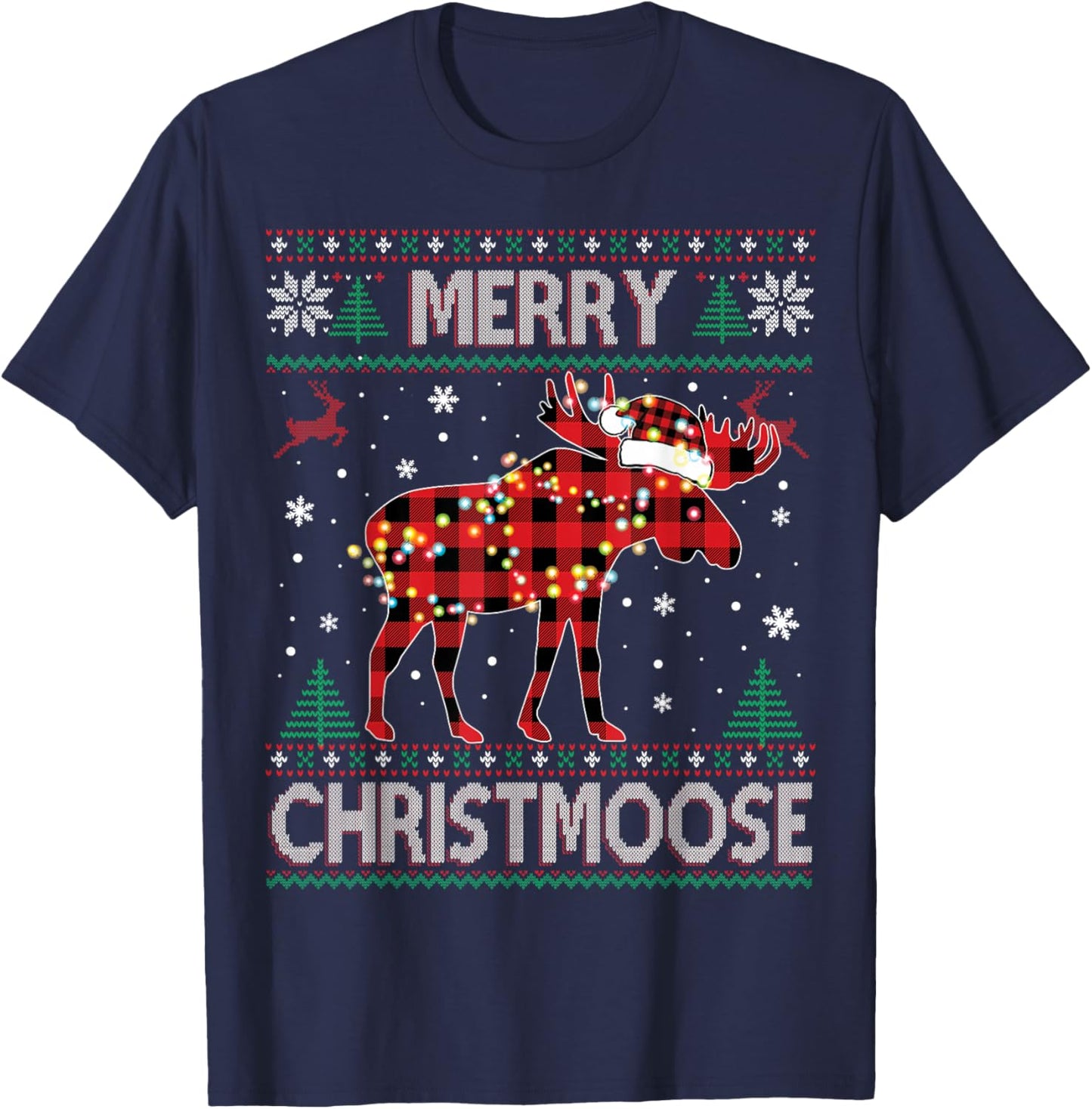 Merry Christmoose Christmas Moose Red Plaid Ugly Sweater T-Shirt - T-Shirt | Navy
