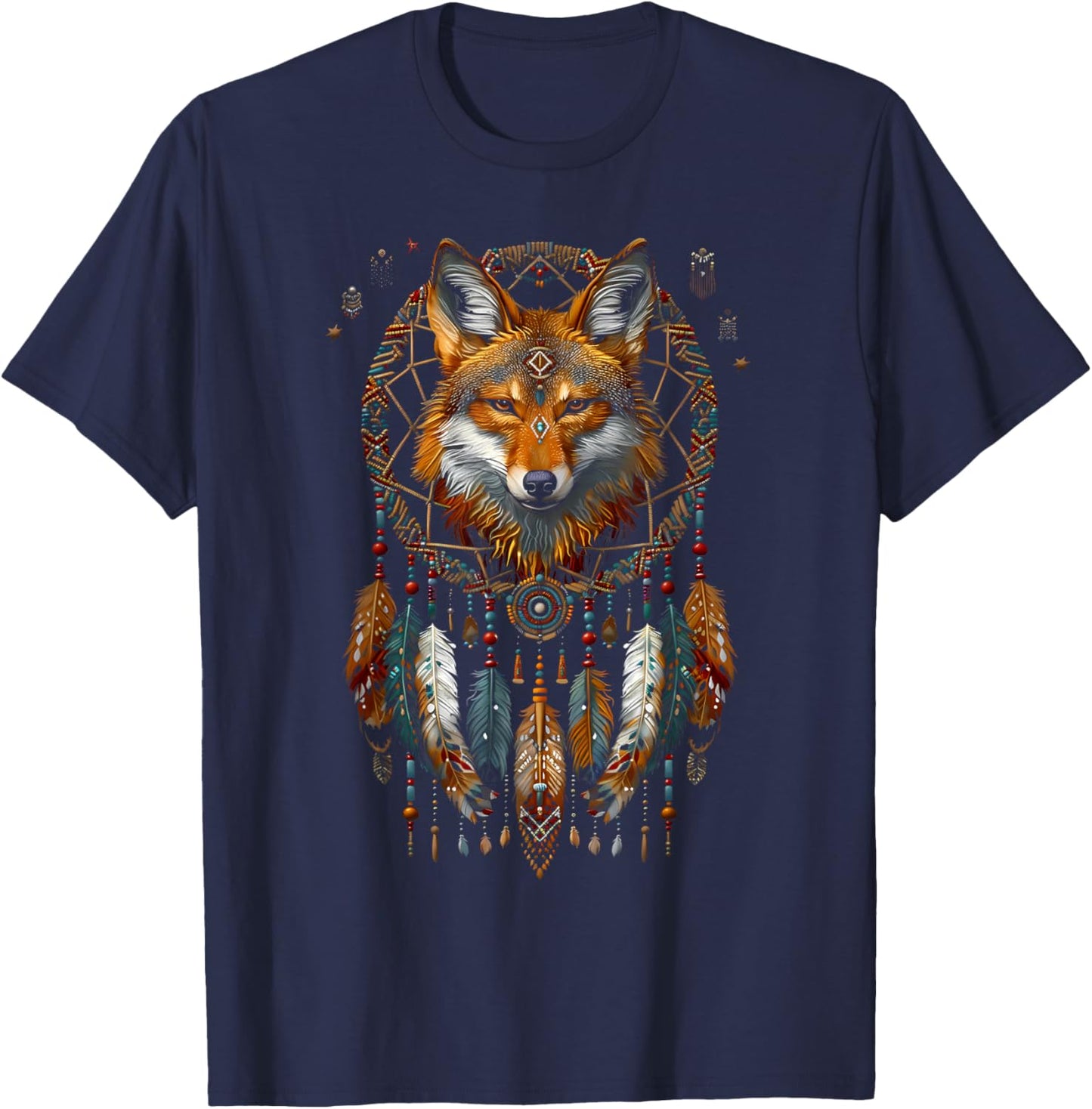 Colorful Mantra Spirit Animal Dreamcatcher Shop Fox Dreamcatcher Native American Indian Feathers Arts -Adults T-Shirt - T-Shirt | Navy