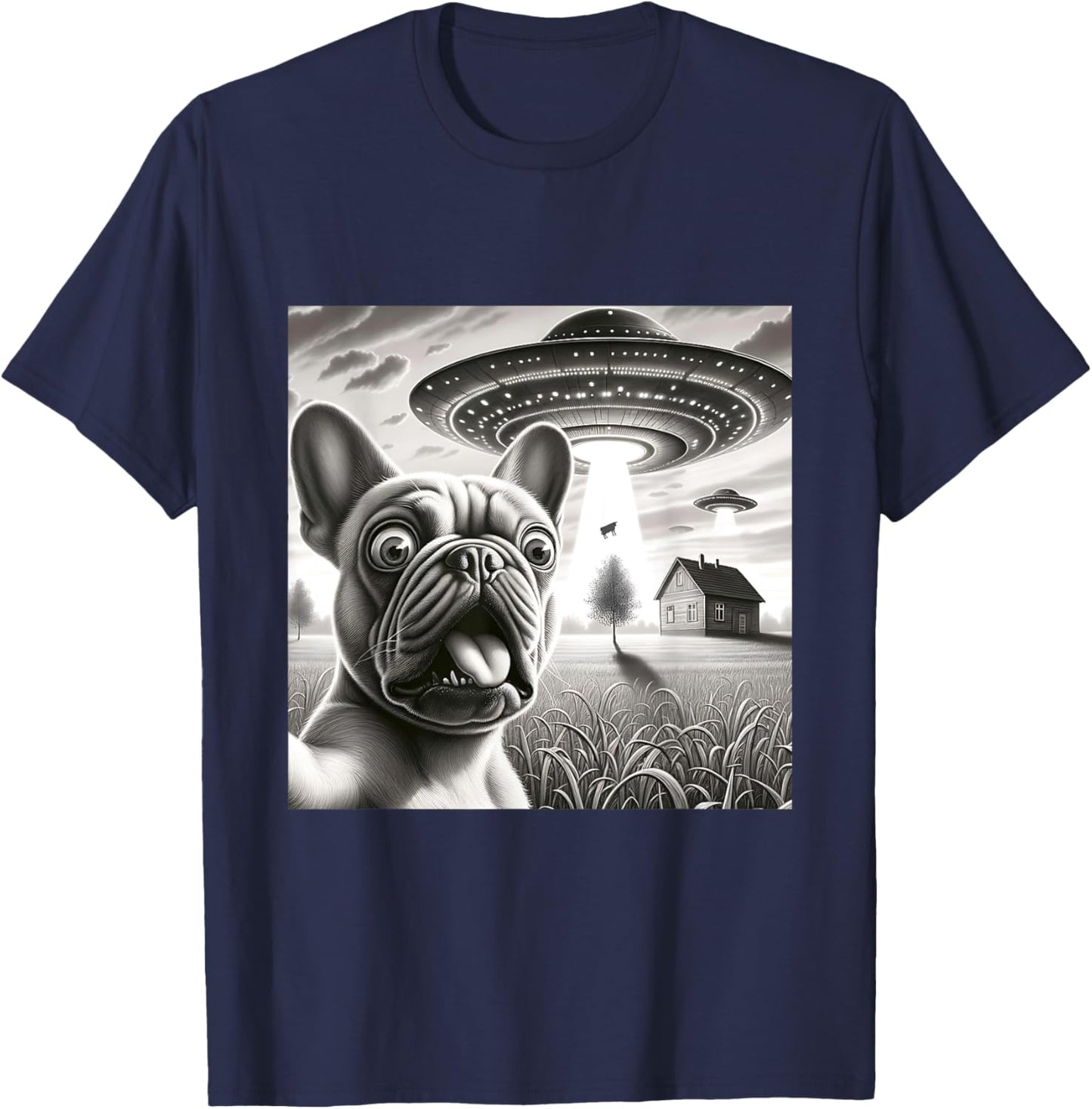 French Bulldog Selfie With Alien UFO Funny Frenchie Pup T-Shirt - T-Shirt | Navy