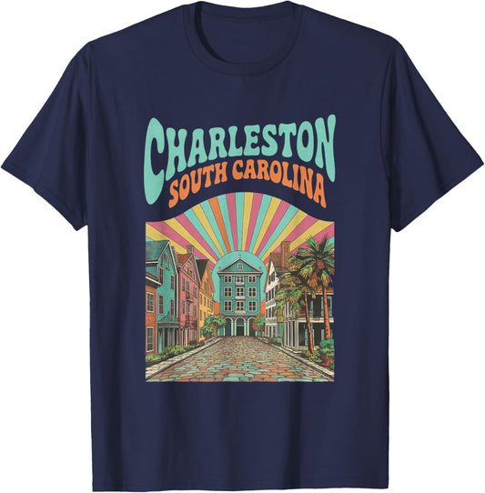 Retro Charleston South Carolina Sunset Coastal Vintage T-Shirt - T-Shirt | Navy
