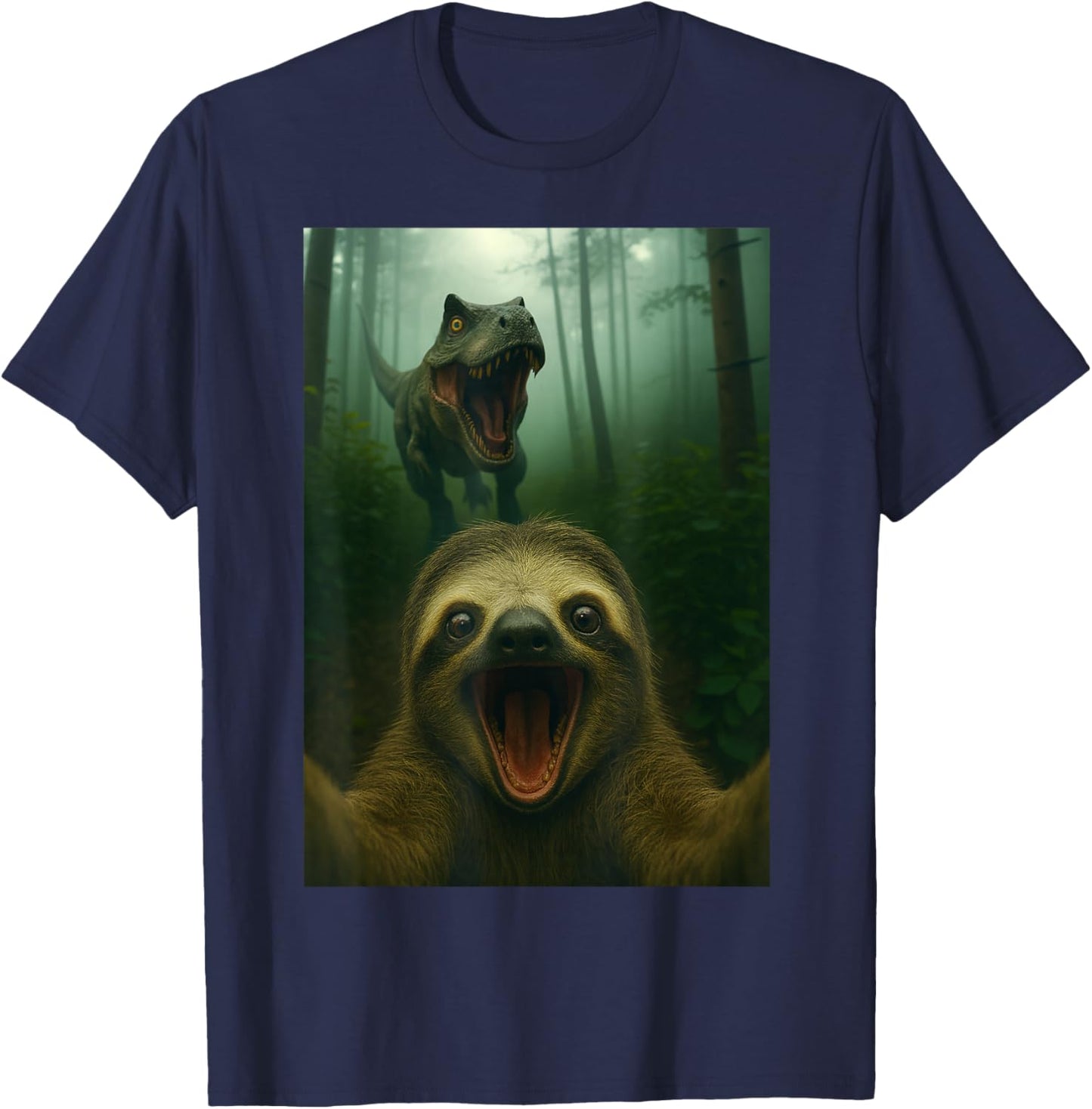 Funny Sloth Selfie with T-Rex Dinosaur Gifts Men Women Kid T-Shirt - T-Shirt | Navy