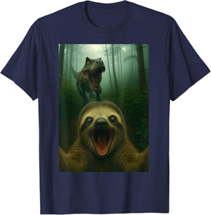 Funny Sloth Selfie with T-Rex Dinosaur Gifts Men Women Kid T-Shirt - T-Shirt | Navy