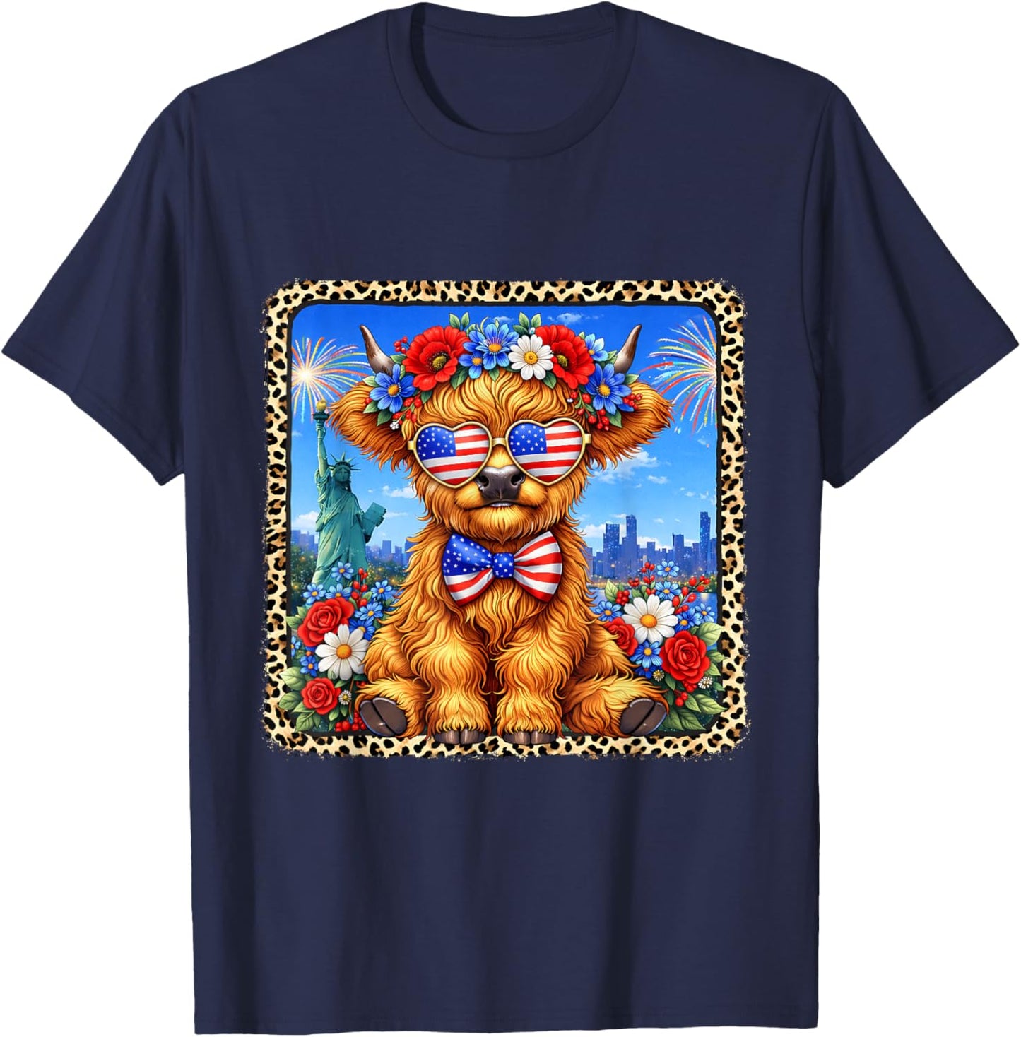 4th of July Cow Patriotic Heart Glasses USA Floral Leopard T-Shirt - T-Shirt | Navy