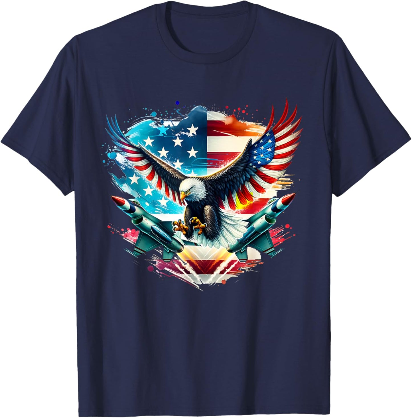 Boys 4th Of July American Bald Eagle USA Flag Fighter Jet T-Shirt - T-Shirt | Navy