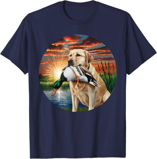 A Hunting Labrador Retriever dog with a duck in the sunset. Women T-Shirt - T-Shirt | Navy