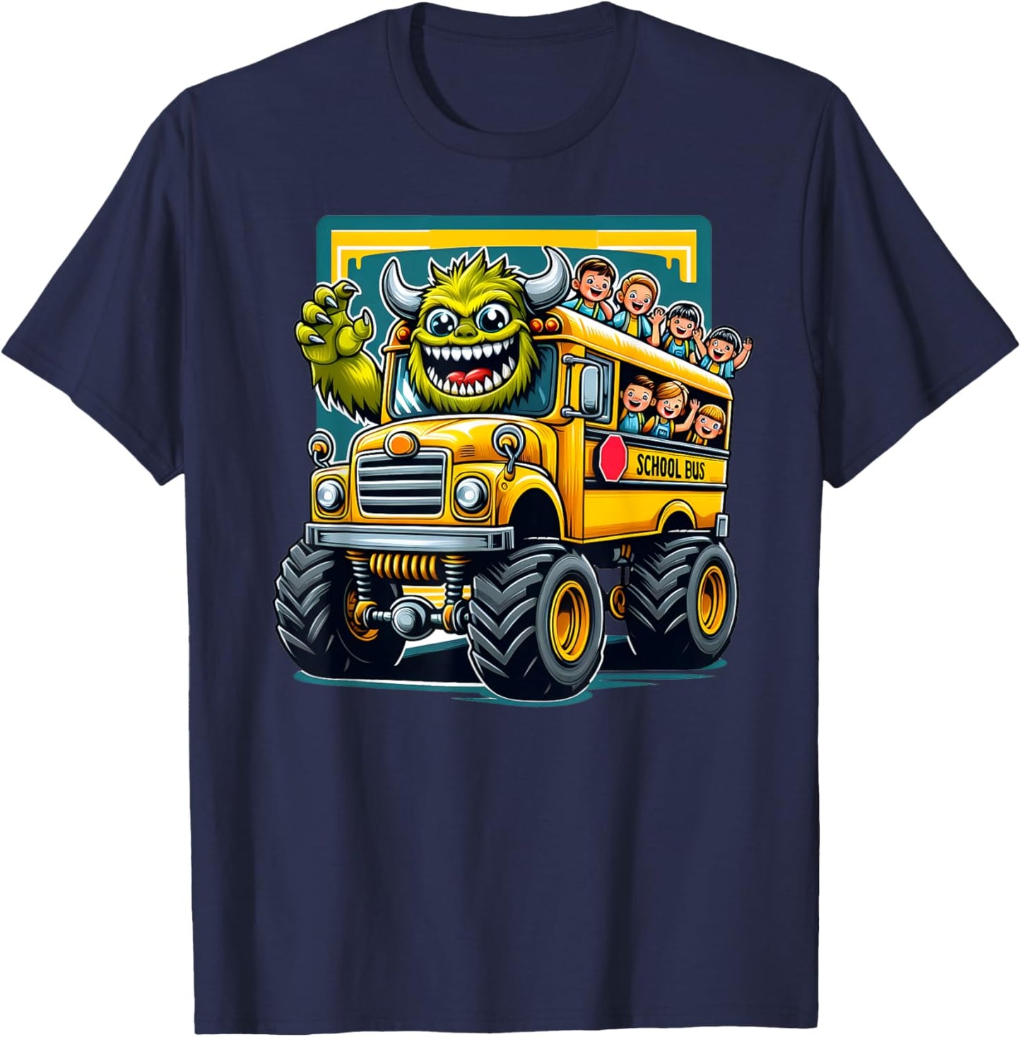 Monster Truck School Bus Illustration Funny Back To School T-Shirt - T-Shirt | Navy