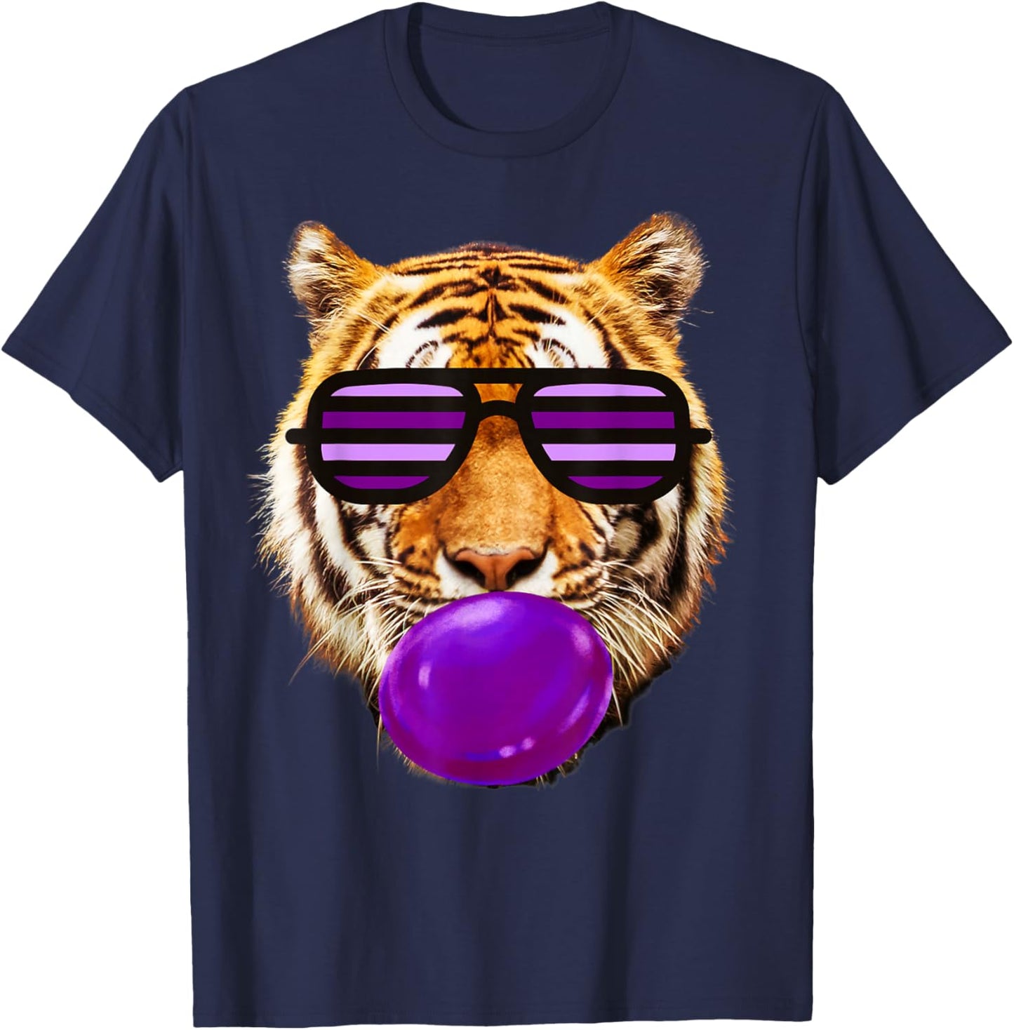 Purple bubble Gum tiger Stripe Cute Tiger with sunglasses T-Shirt - T-Shirt | Navy