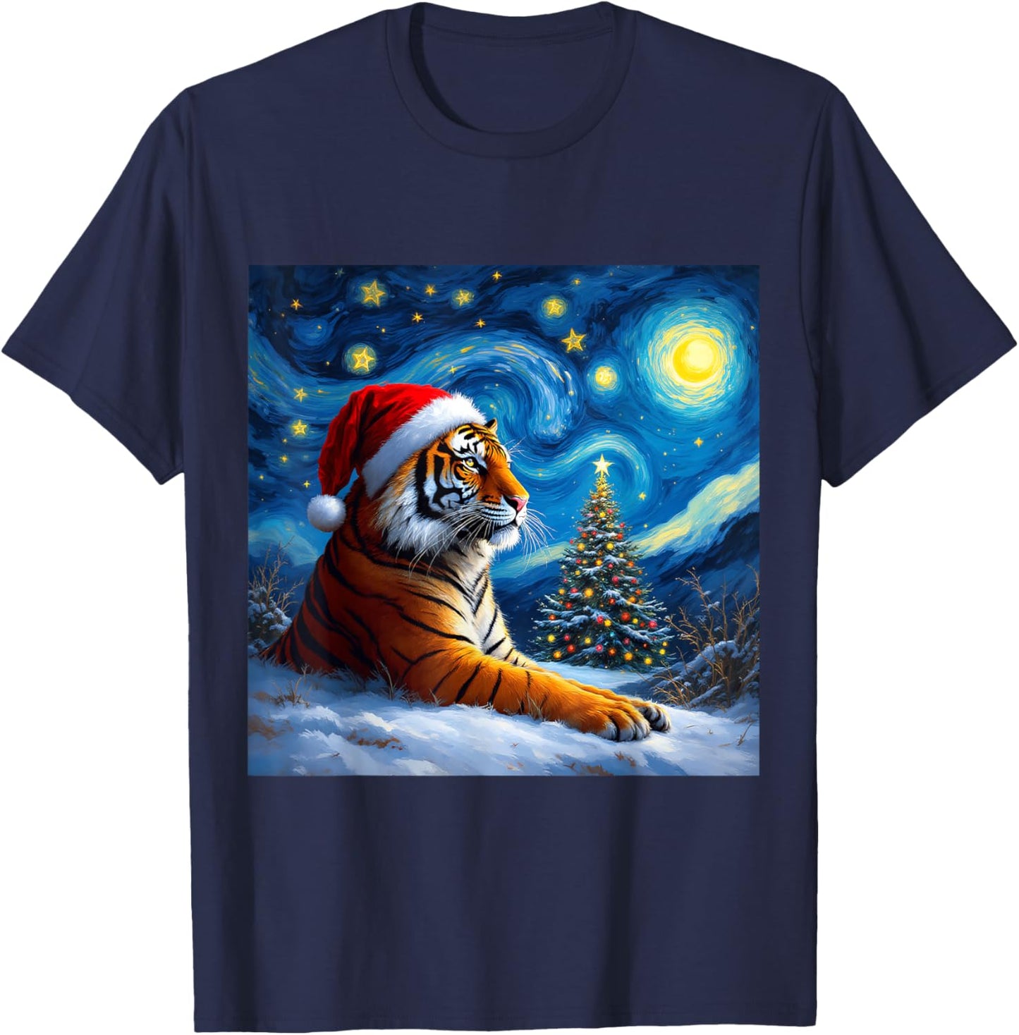Christmas Tiger Santa Hat Van Gogh Starry Night Holiday T-Shirt - T-Shirt | Navy