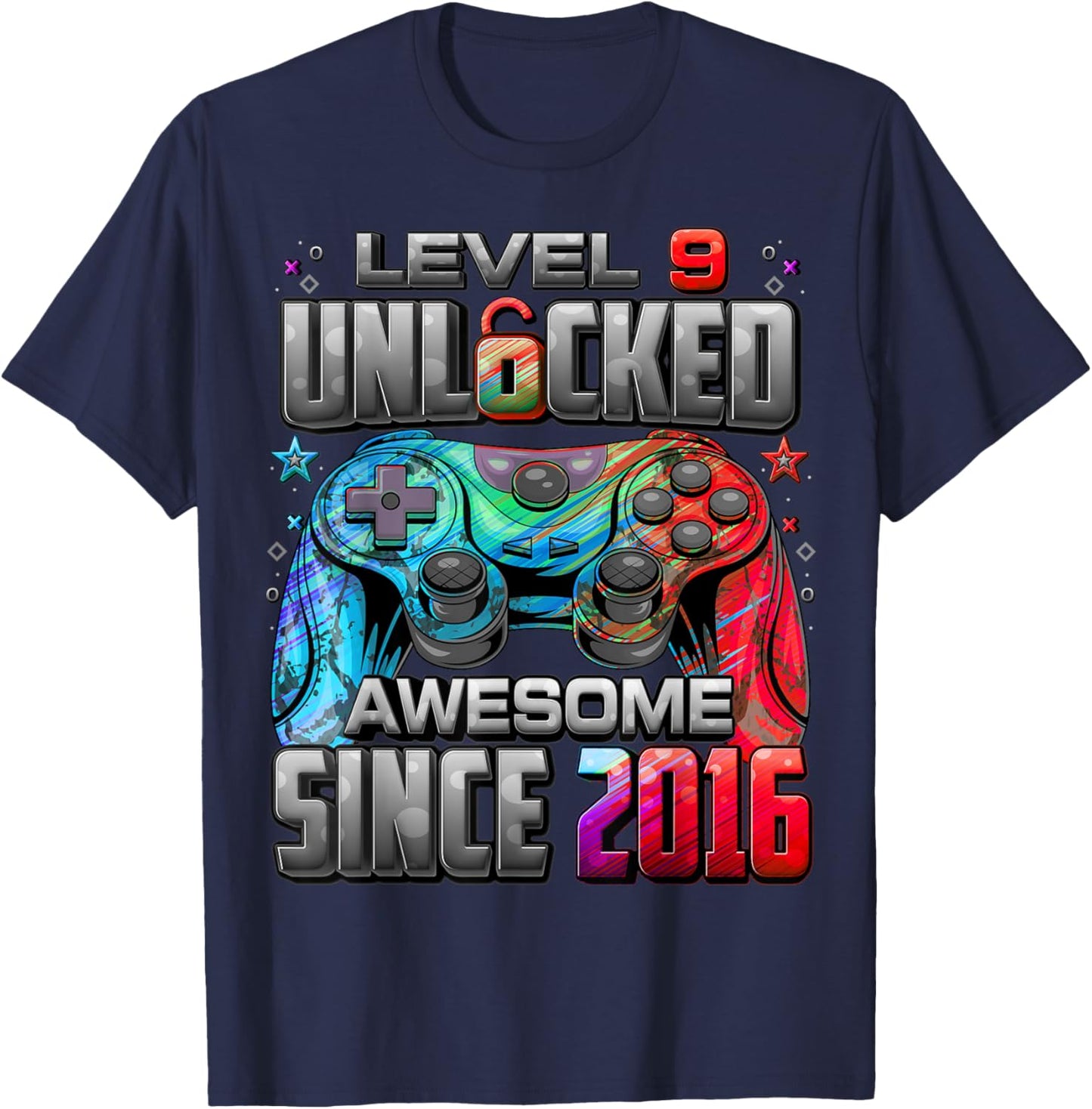 Level 9 Unlocked Awesome Since 2016 9th Birthday Gaming T-Shirt - T-Shirt | Navy