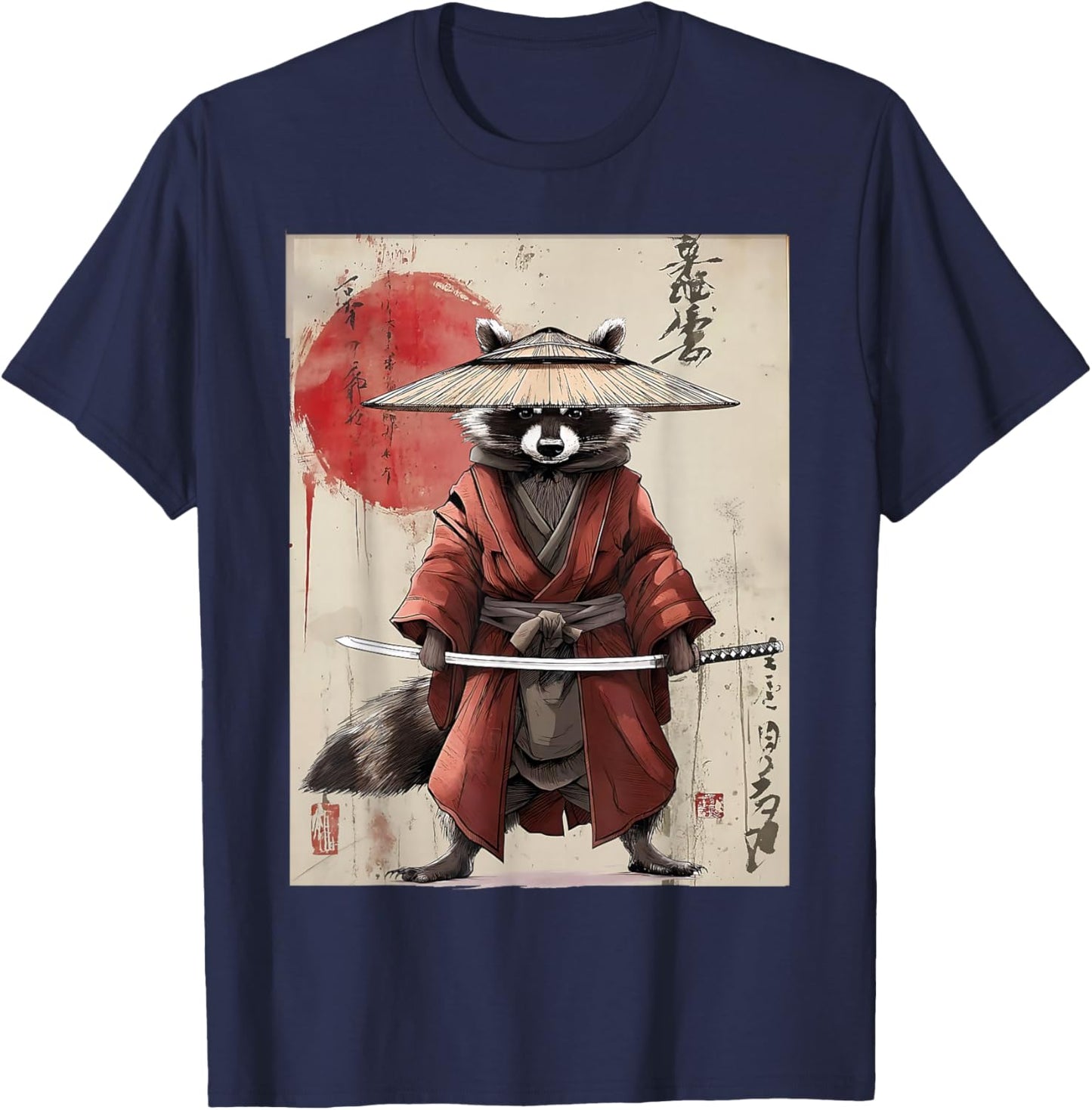 Vintage Samurai Raccoon Otaku Tanuki Japanese Cute Raccoon T-Shirt - T-Shirt | Navy