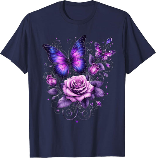 Beautiful Butterfly Purple Rose Butterfly Lovers Gifts Women T-Shirt - T-Shirt | Navy