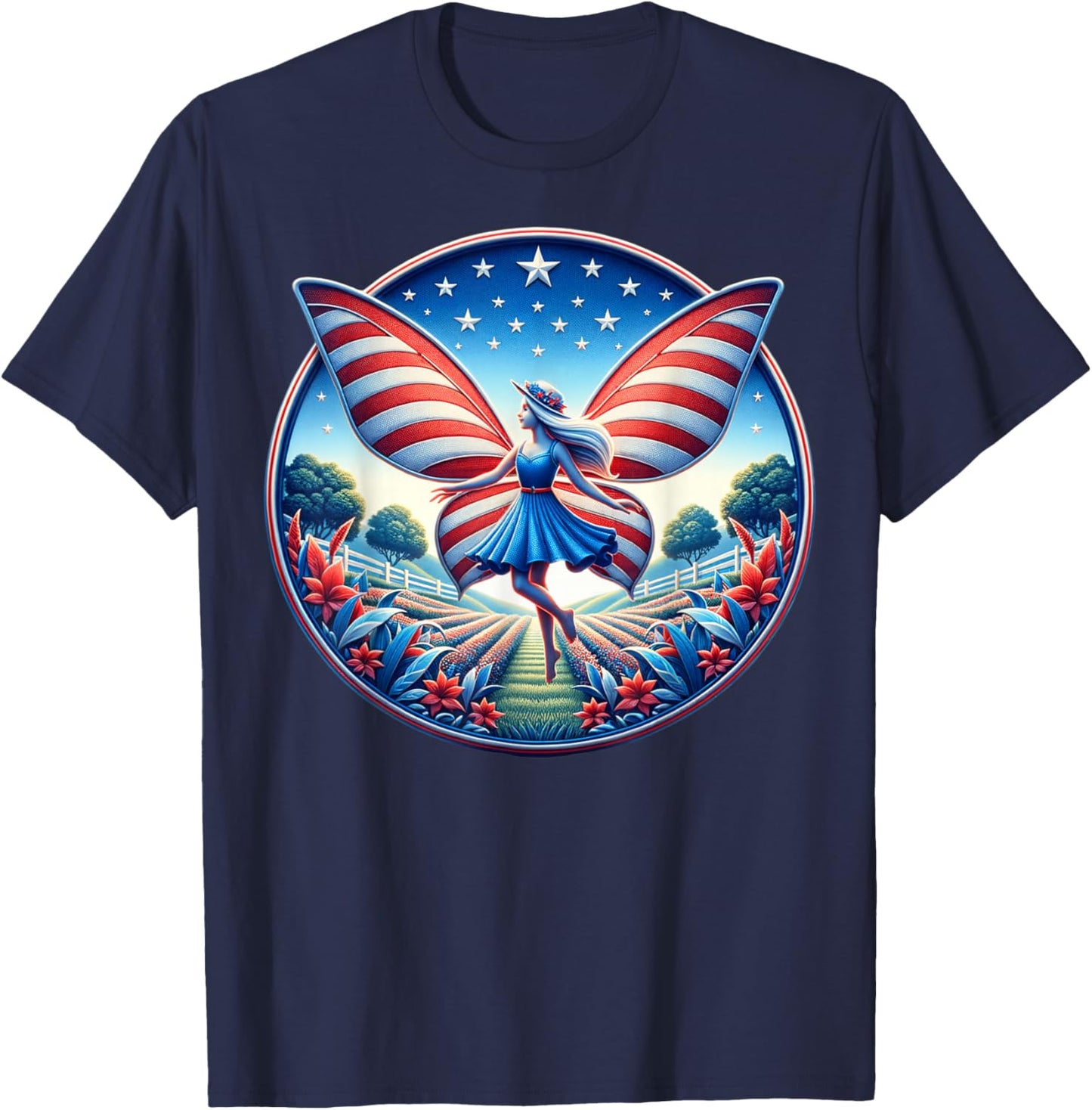 Girl With Butterfly Wings AmericanThemed Background For T-Shirt - T-Shirt | Navy