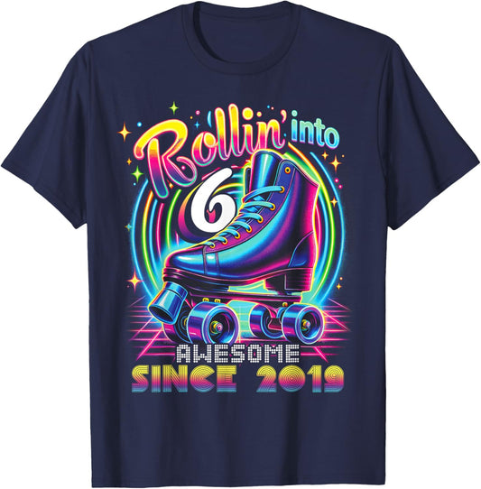 Birthday Roller Skating 6th Girls Rollin into 6 Skate Party T-Shirt - T-Shirt | Navy